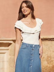 Sosandar White Ruffle Detail Bardot Knitted Top - Image 3 of 5