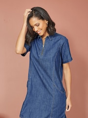 Yumi Blue 100% Cotton Chambray Dress With Zip Neckline - Image 1 of 5
