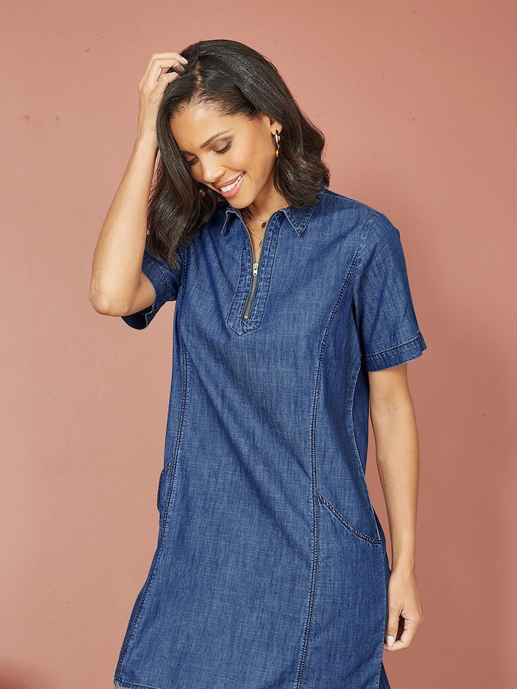 Yumi Blue 100% Cotton Chambray Dress With Zip Neckline - Image 1 of 5