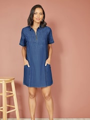 Yumi Blue 100% Cotton Chambray Dress With Zip Neckline - Image 2 of 5