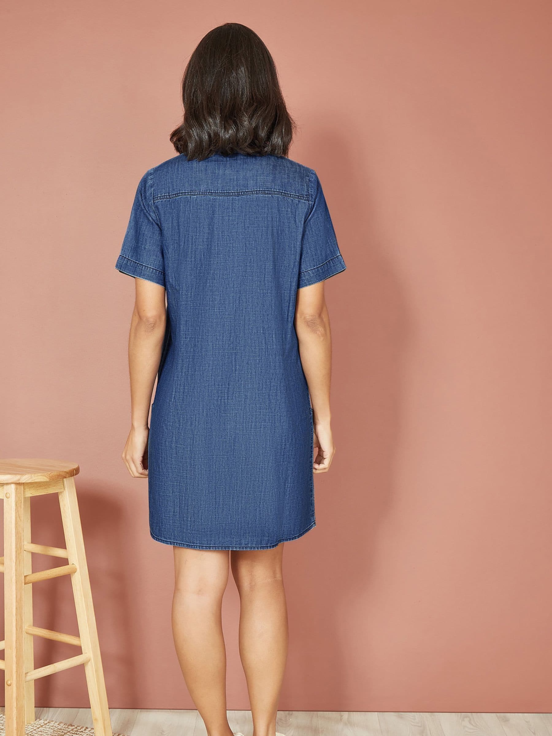Buy Yumi Blue 100% Cotton Chambray Dress With Zip Neckline from