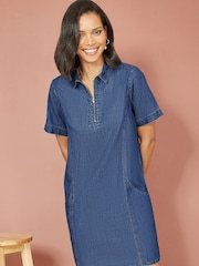 Yumi Blue 100% Cotton Chambray Dress With Zip Neckline - Image 4 of 5
