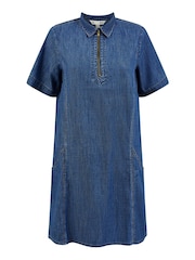 Yumi Blue 100% Cotton Chambray Dress With Zip Neckline - Image 5 of 5