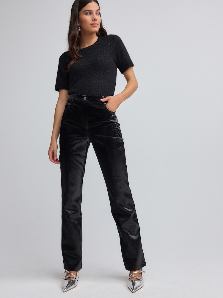 Black Faux Leather Straight Leg Trousers - Image 1 of 7 Black Faux Leather Straight Leg Trousers - Image 1 of 7