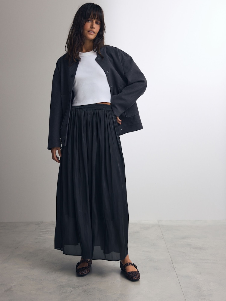 Black Metallic Satin Pleated Maxi Skirt - Image 1 of 7