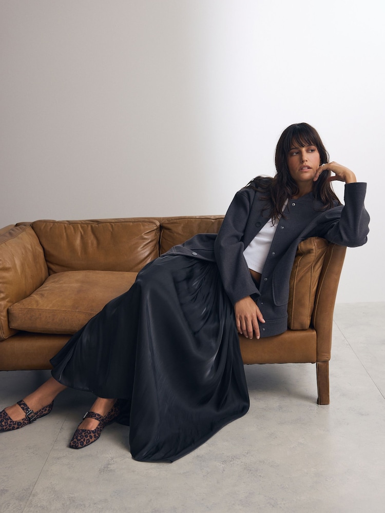 Black Metallic Satin Pleated Maxi Skirt - Image 2 of 7