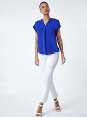 Roman Blue Plain Notch Neck Pleat Front Top - Image 1 of 5