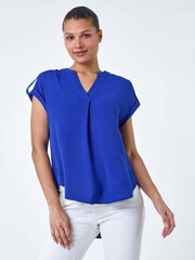 Roman Blue Plain Notch Neck Pleat Front Top - Image 4 of 5