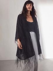 Black Fringe Longline Kimono - Image 1 of 6