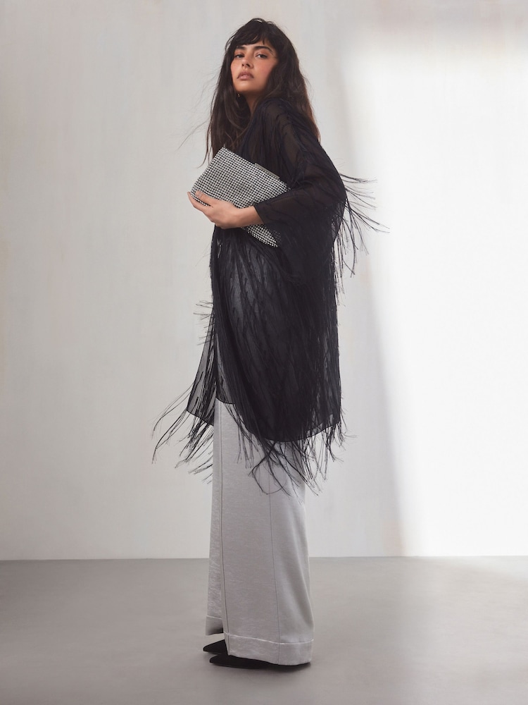 Black Fringe Longline Kimono - Image 2 of 6