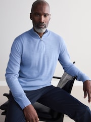 Light Blue Regular Fit Signature 100% Merino Wool Quarter Zip Jumper - Image 1 of 5