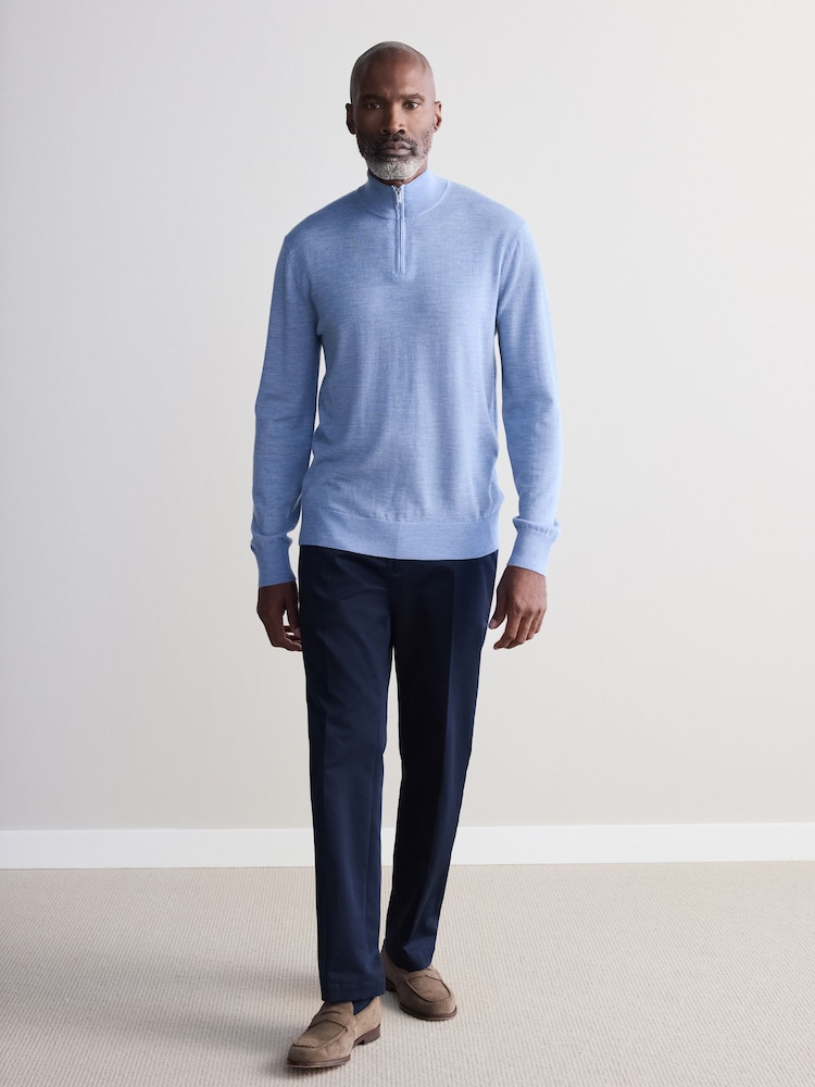 Light Blue Regular Fit Signature 100% Merino Wool Quarter Zip Jumper - Image 2 of 5