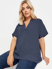 Yours Curve Blue Short Sleeve Half Placket Blouse - Image 1 of 6