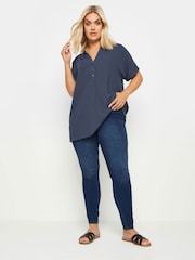 Yours Curve Blue Short Sleeve Half Placket Blouse - Image 2 of 6