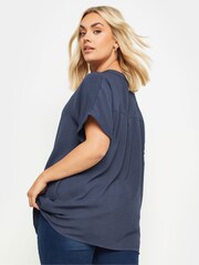 Yours Curve Blue Short Sleeve Half Placket Blouse - Image 3 of 6