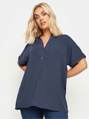 Yours Curve Blue Short Sleeve Half Placket Blouse - Image 5 of 6