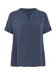 Yours Curve Blue Short Sleeve Half Placket Blouse - Image 6 of 6