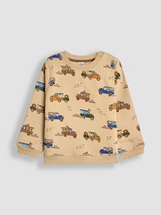 JoJo Maman Bébé Brown Safari Jeep Construction Vehicle Print Sweatshirt - Image 1 of 3