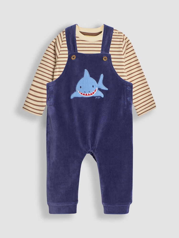 JoJo Maman Bébé Blue Shark 2-Piece Velour Appliqué Dungarees & Top Set - Image 1 of 6