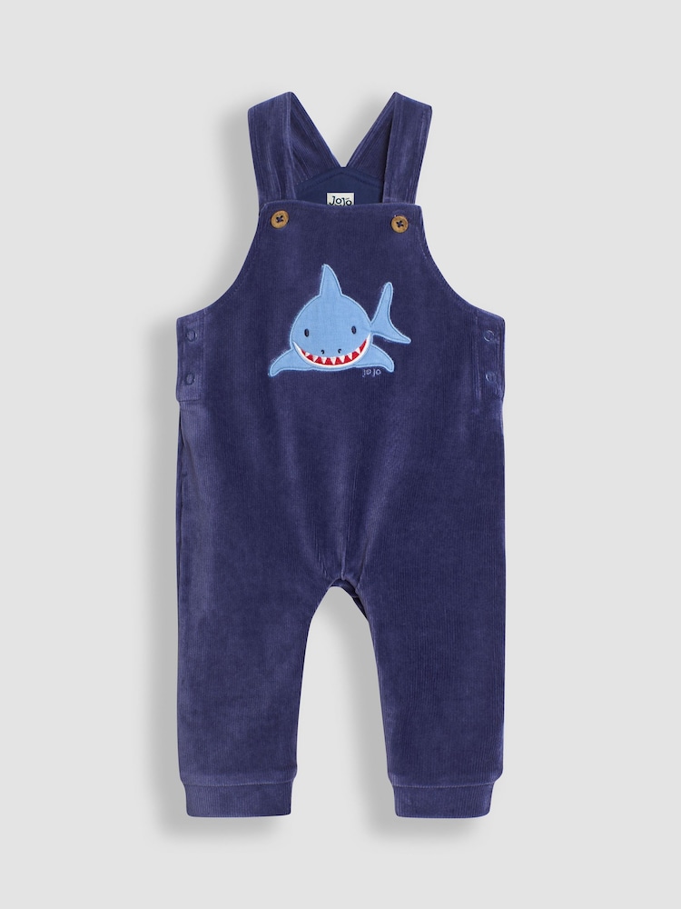 JoJo Maman Bébé Blue Shark 2-Piece Velour Appliqué Dungarees & Top Set - Image 2 of 6