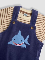 JoJo Maman Bébé Blue Shark 2-Piece Velour Appliqué Dungarees & Top Set - Image 6 of 6