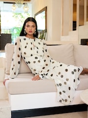Lipsy Black/White Petite Long Sleeve Gathered Waist Polka Dot Midi Dress - Image 1 of 4
