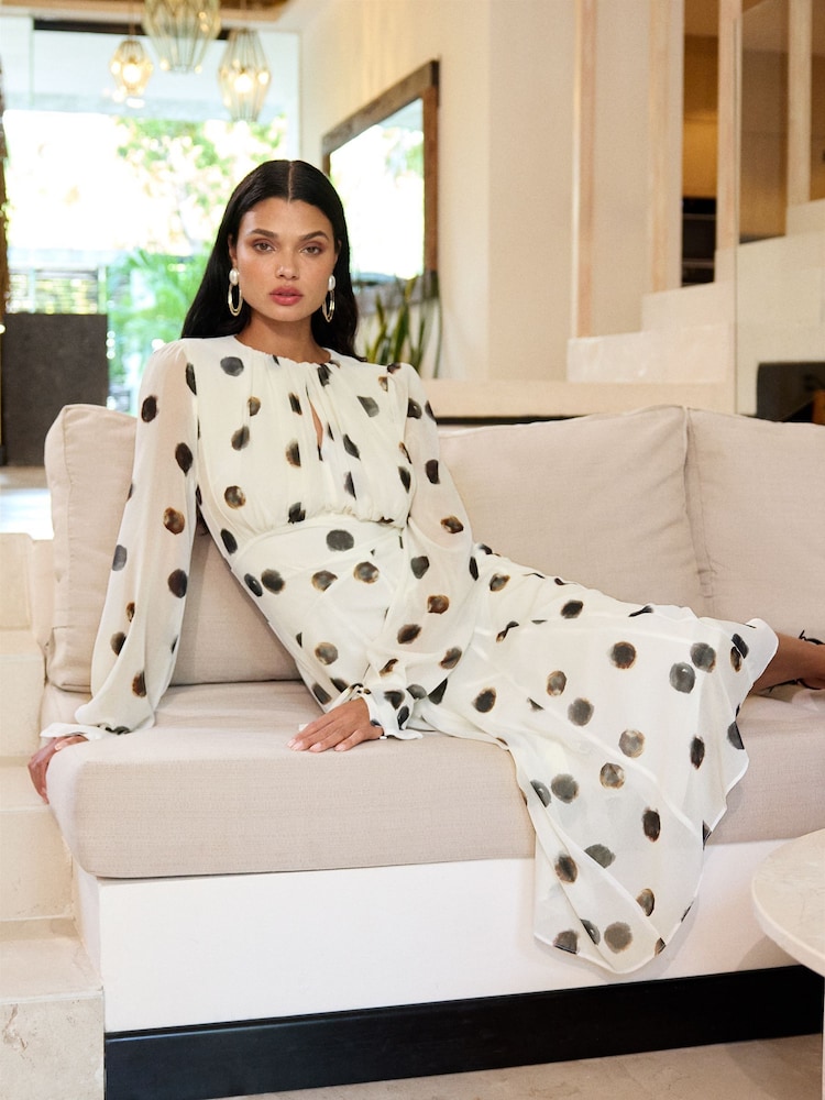 Lipsy Black/White Petite Long Sleeve Gathered Waist Polka Dot Midi Dress - Image 1 of 4