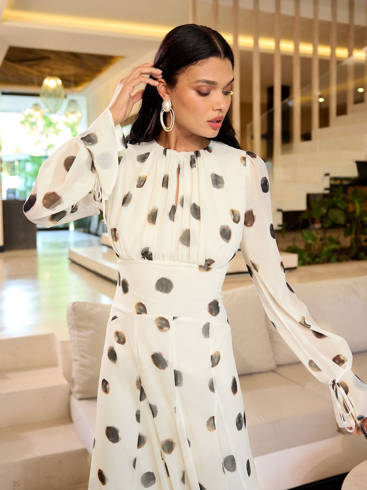Lipsy Black/White Petite Long Sleeve Gathered Waist Polka Dot Midi Dress - Image 2 of 4