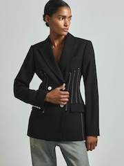 Reiss Black Honor Double Breasted Corset Stitch Blazer - Image 1 of 5