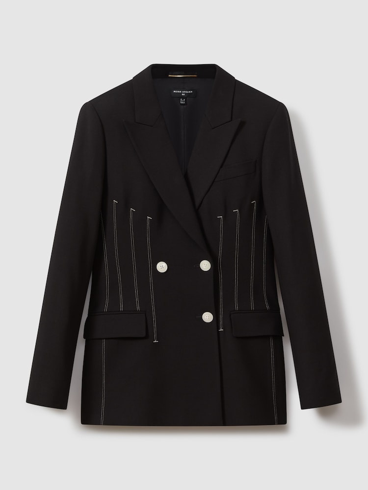 Reiss Black Honor Double Breasted Corset Stitch Blazer - Image 2 of 5