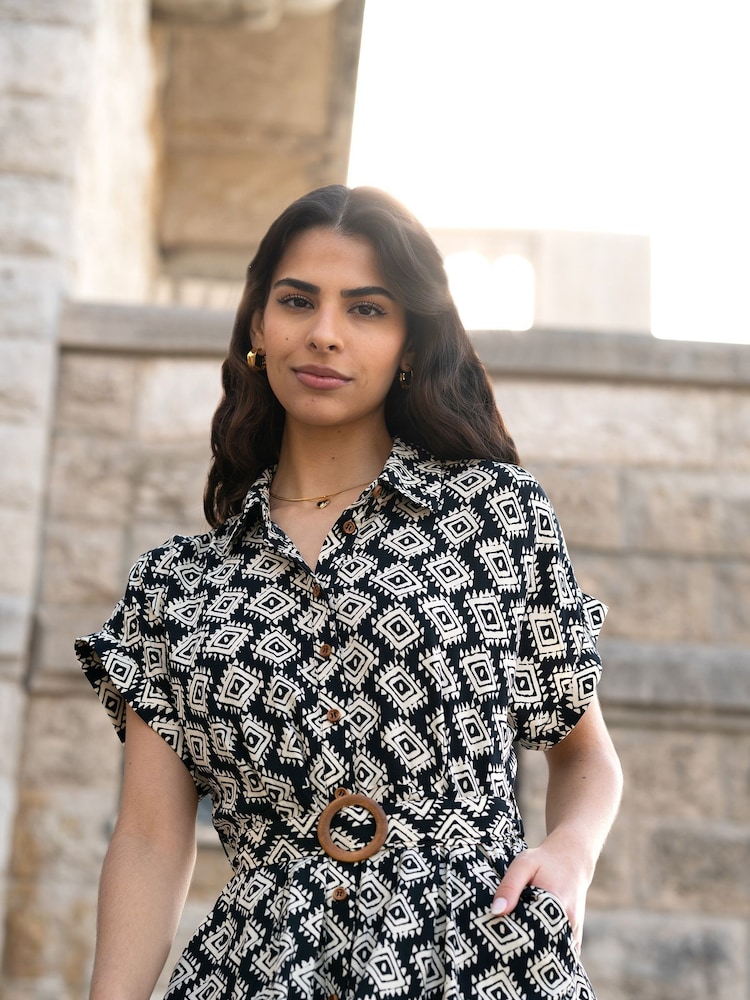Yumi Black Viscose Midi Shirt Dress With Matching Belt - Image 3 of 5