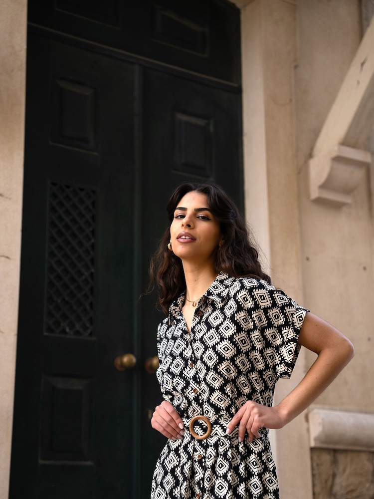 Yumi Black Viscose Midi Shirt Dress With Matching Belt - Image 4 of 5