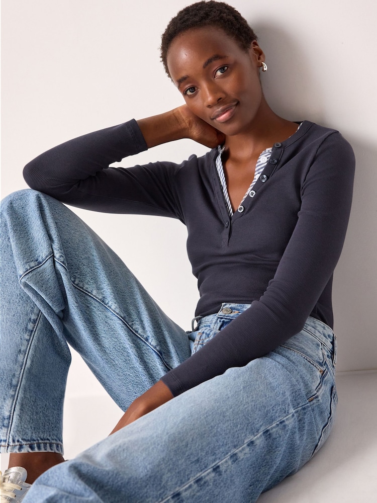 Navy Stripe Long Sleeve Double Collar Henley Top - Image 1 of 6