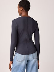 Navy Stripe Long Sleeve Double Collar Henley Top - Image 2 of 6