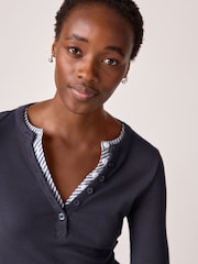 Navy Stripe Long Sleeve Double Collar Henley Top - Image 4 of 6