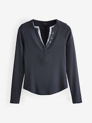 Navy Stripe Long Sleeve Double Collar Henley Top - Image 5 of 6