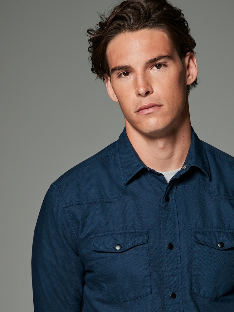 Navy Blue Twin Pocket Textured Western Long Sleeve 100% Cotton Shirt - Image 1 of 7