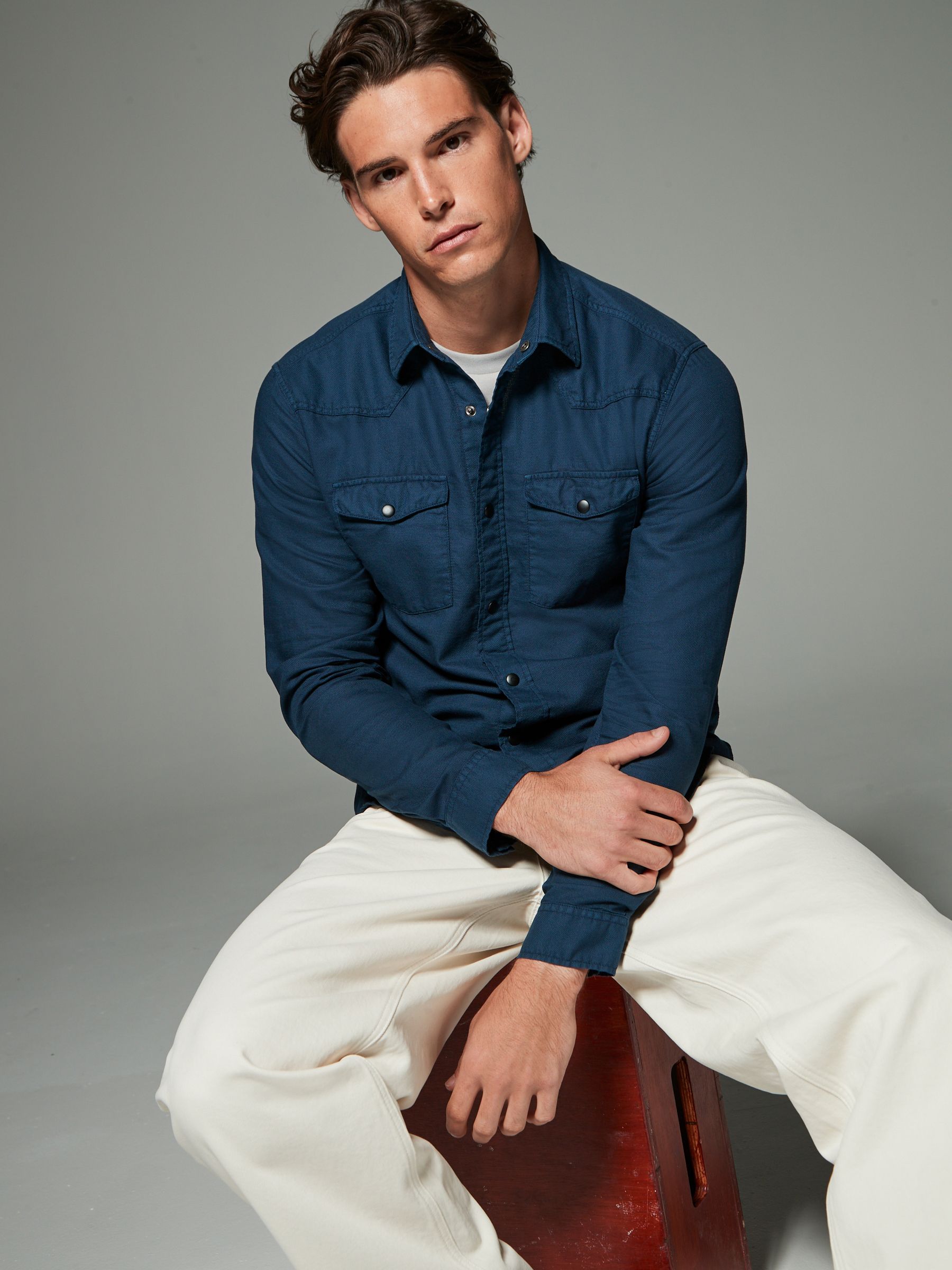 Buy Navy Blue Twin Pocket Textured Western Long Sleeve 100