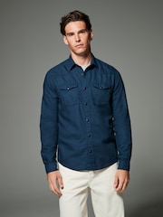 Navy Blue Twin Pocket Textured Western Long Sleeve 100% Cotton Shirt - Image 4 of 7
