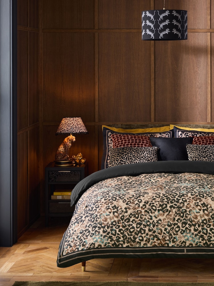 Black/Brown 200 Thread Count 100% Cotton Leopard Print Duvet Cover and Pillowcase Set - Image 1 of 5