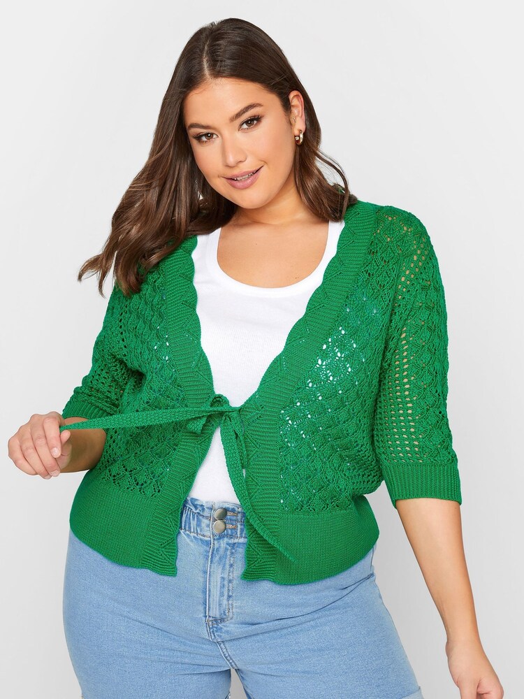 Yours Curve Green Pointelle Tie Shrug Cardigan - Image 1 of 4