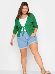 Yours Curve Green Pointelle Tie Shrug Cardigan - Image 3 of 4