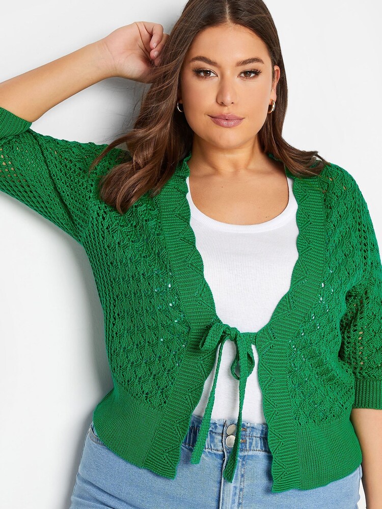 Yours Curve Green Pointelle Tie Shrug Cardigan - Image 4 of 4