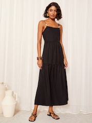 Friends Like These Black Strappy Bead Trim Midi Printed Woven Dress - Image 1 of 4