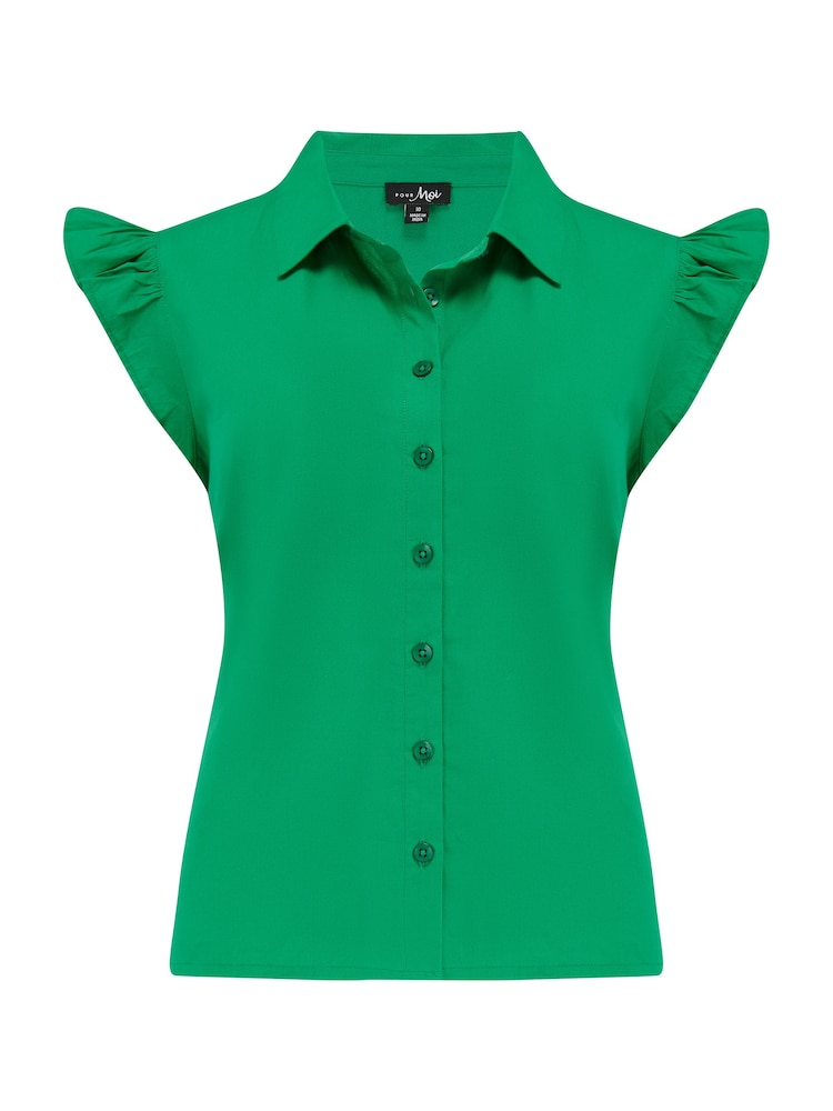 Pour Moi Green Shae 100% Cotton Poplin Twist Tie Frill Sleeve Shirt - Image 3 of 4