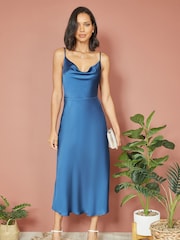 Yumi Blue Satin Cowl Neck Midi Dress - Image 1 of 4