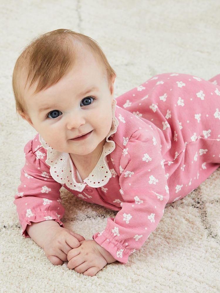 JoJo Maman Bébé Rose Pink Pretty Printed Collar Sleepsuit - Image 2 of 6