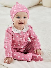JoJo Maman Bébé Rose Pink Pretty Printed Collar Sleepsuit - Image 3 of 6