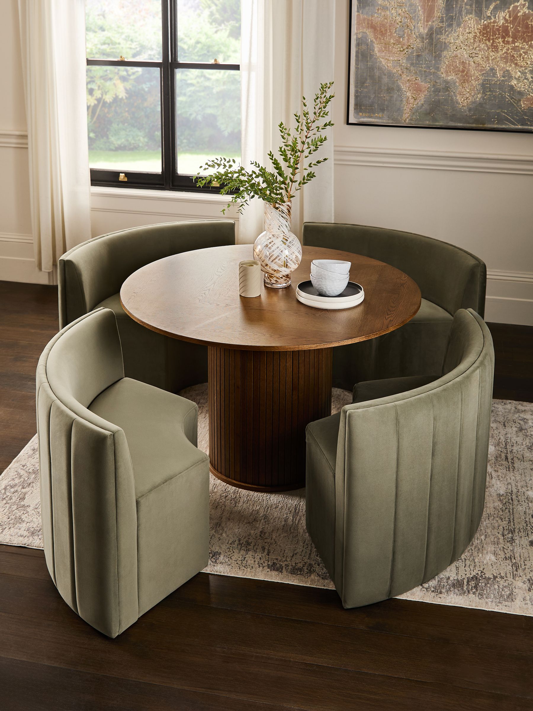 Buy Soft Velvet Sage Green Conway 4 Seater Round Dining Table and Bench Set from the Next UK online shop
