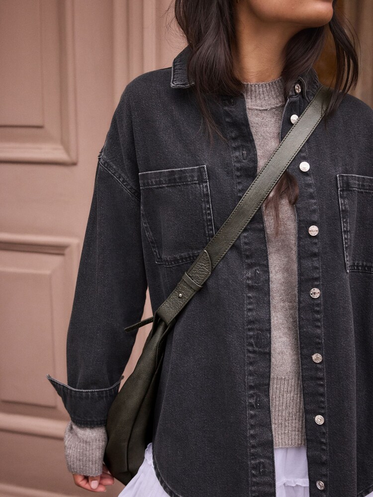 Grey Leather Washed Oversized Sling Bag